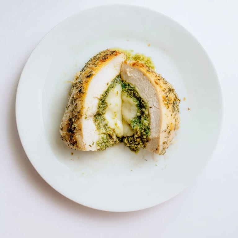 Juicy Mozzarella & Pesto Stuffed Chicken resting after baking, with melted cheese peeking out of the cut.