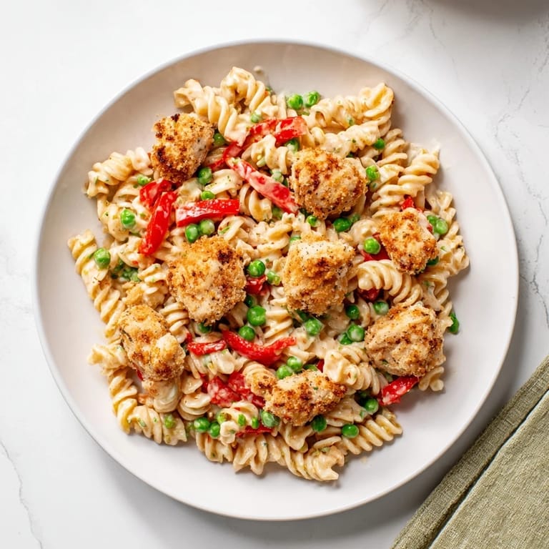 Leckerer Nudelsalat mit knusprigem Hähnchen, cremiger Ranch-Dressing und frischen Erbsen für das Sommerbuffet.