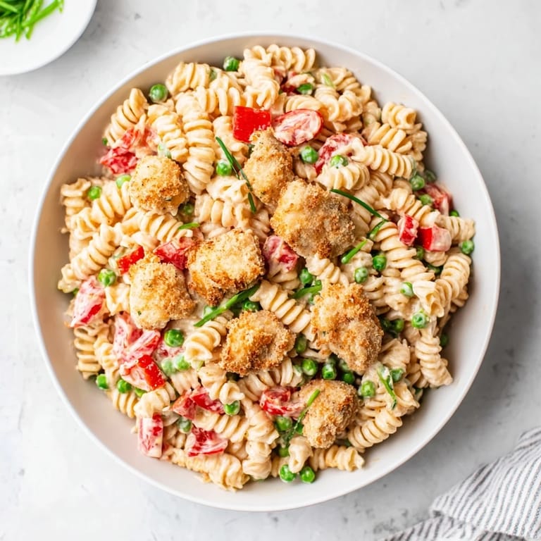 Teller voller hausgemachter Crispy Chicken Ranch Pasta Salad mit saftigen Nudeln und würziger Mayo-Soße.