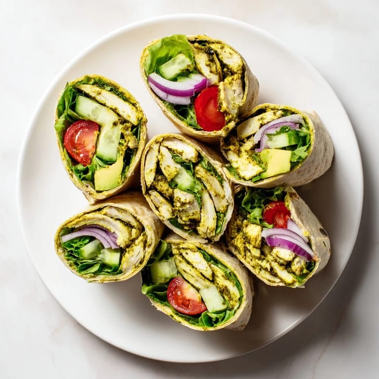 Ein Chimichurri Chicken Salad Wrap liegt auf einem Holztisch, umgeben von frischen Kräutern und einer Zitrone.