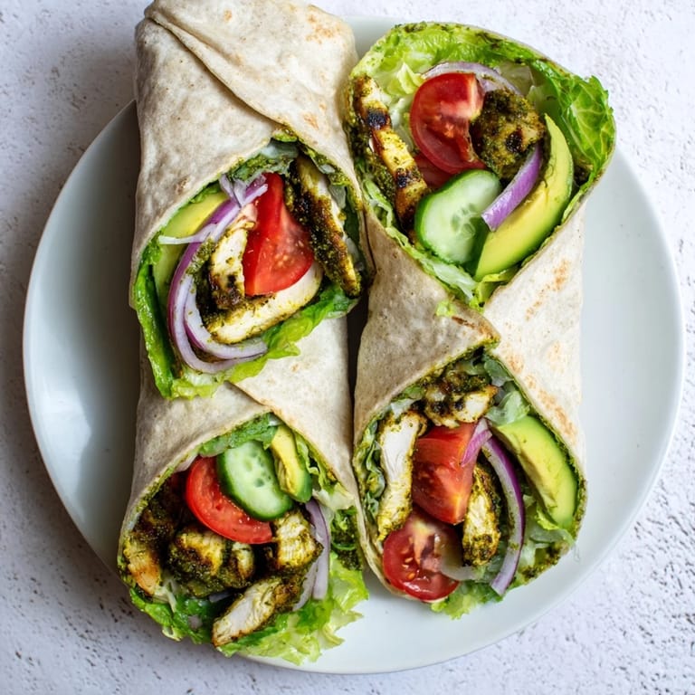 Dieser Chimichurri Chicken Salad Wrap zeigt eine Schicht aus grünem Salat, roten Tomaten und violetten Zwiebeln auf dem weichen Tortilla.