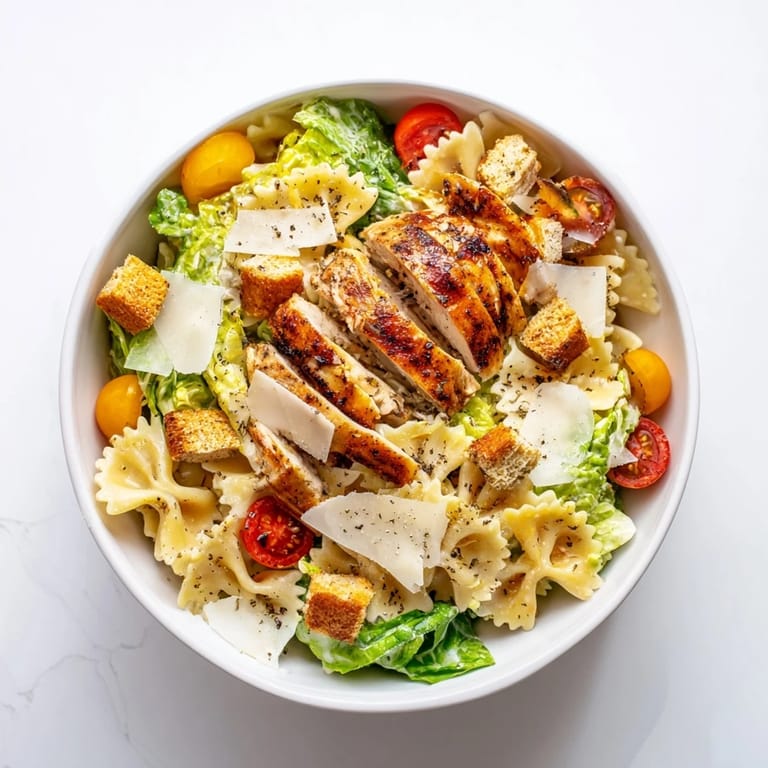 This Caesar Pasta Chicken Bowl features al dente pasta, cherry tomatoes, and crunchy croutons for a hearty American meal.