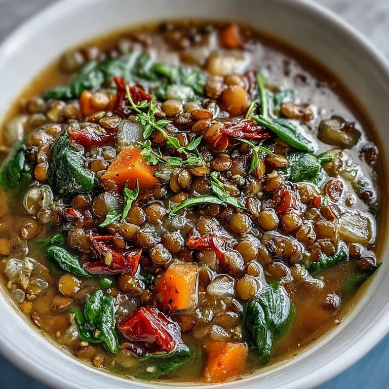 Müde Lentil and Vegetable Soup mit bunt gemischtem Gemüse in einer Topfpfanne, gewürzt mit Paprika und geröstetem Kumin.