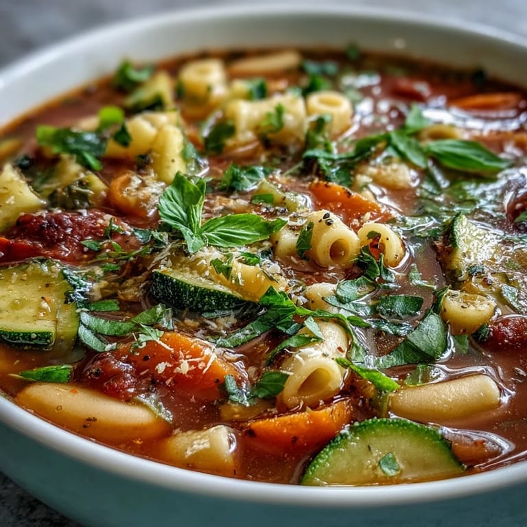 Homemade Minestrone Vegetable Soup garnished with fresh basil, served alongside crusty Italian bread for dipping.