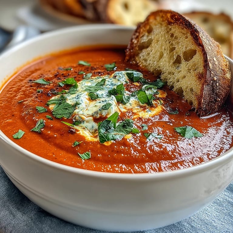 Wärmende, hausgemachte rote Paprikasuppe, herzhaft und köstlich, mit einem Klecks Sahne.