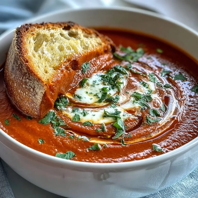 Leuchtend rote Paprikasuppe, cremig, mit Kräutern und Brot, ideal als Vorspeise.
