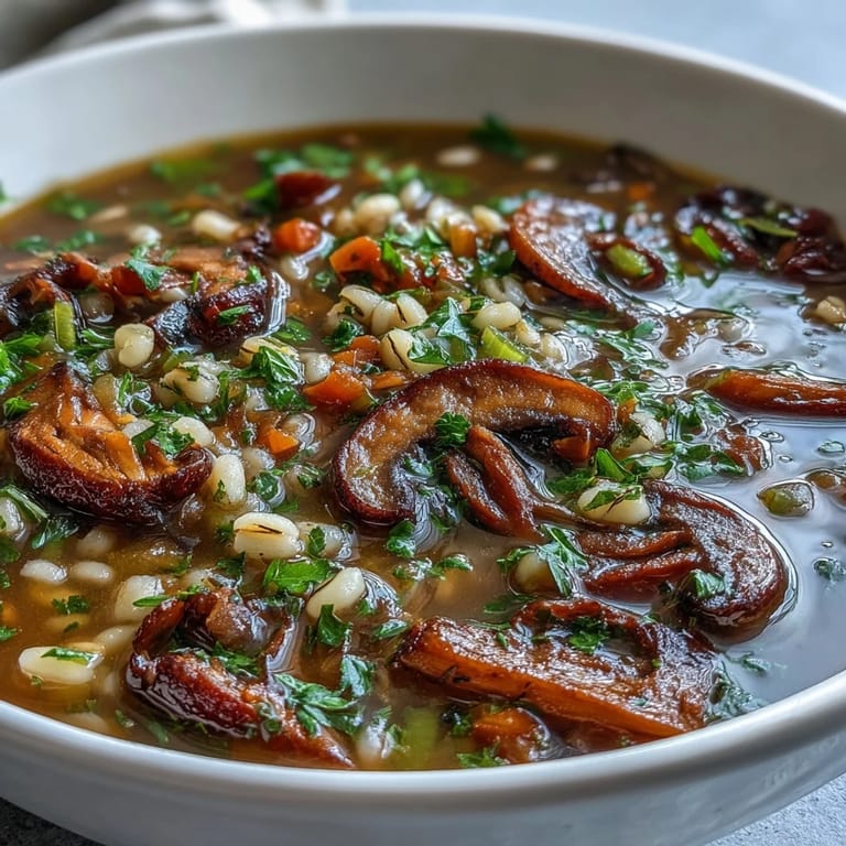 Mushroom and Barley Soup, eine nahrhafte vegetarische Suppe mit würzigen Kräutern, serviert in einem rustikalen Teller neben einem Stück Brot.  