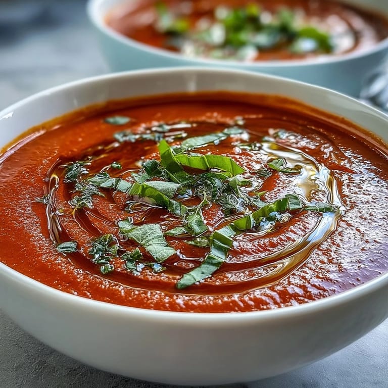 Warme, cremige Tomato and Basil Soup aus gerösteten Tomaten, Zwiebeln und Knoblauch, garniert mit Basilikumblättern.
