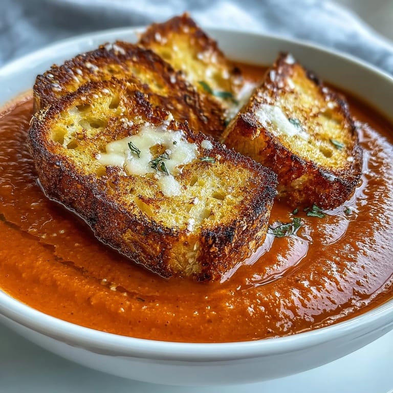 Roasted tomato soup topped with crispy homemade croutons garnished with fresh thyme for extra flavor.