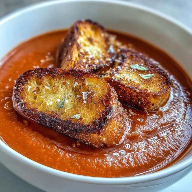 Creamy roasted tomato soup served in a rustic bowl with crunchy croutons and fresh basil garnish.