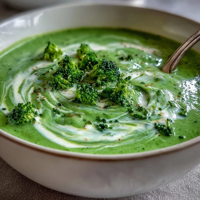 Warme cremige Brokkolisuppe mit einem Klecks Sahne und Chives, serviert zu rustikalem Brot.
