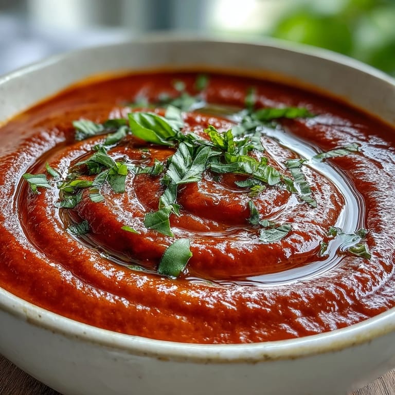 Tomato and Basil Soup, dampfend und cremig, garniert mit Basilikum und Olivenöl am Rand.