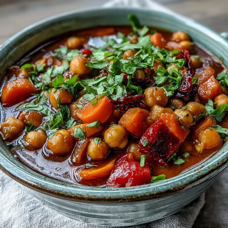 Homemade Spicy Chickpea Stew dampfend in einem Topf, angerichtet mit frischen Kräutern und Gewürzen für einen herzhaften Vegan-Geschmack.