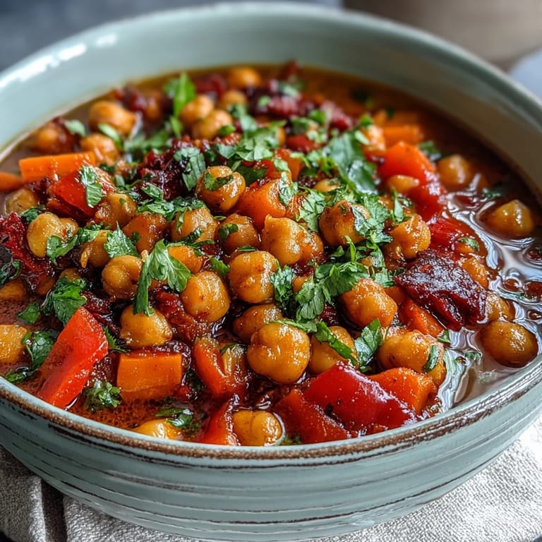 Würzige Kichererbsen-Eintopf in einer rustikalen Schüssel mit Reis serviert, gekrönt mit frischen Kräutern und einer Zitronenspalte.