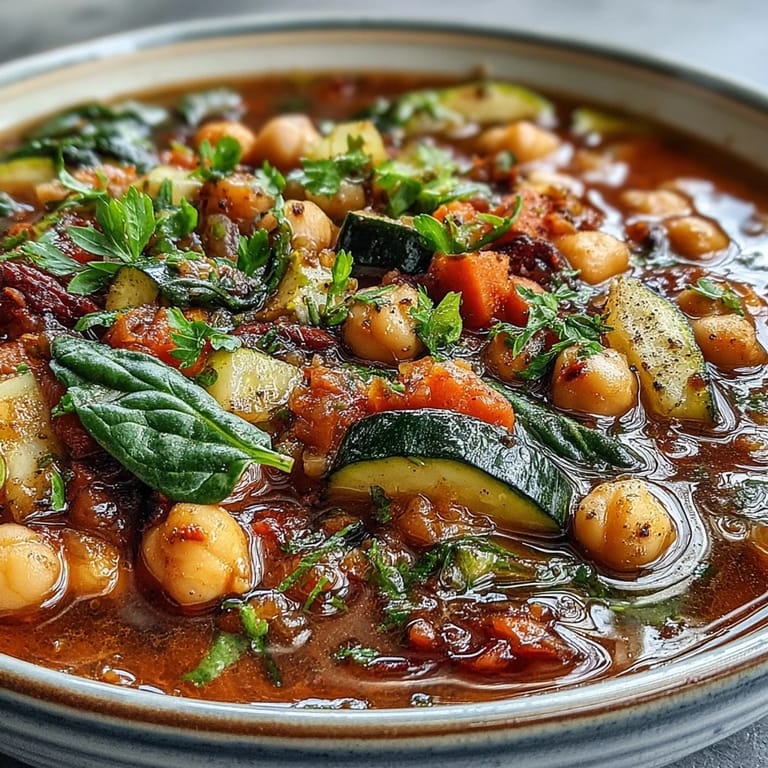 Wohlriechende Chickpea Stew mit Zucchini und Paprika, angerichtet im Kochtopf mit Löffel.