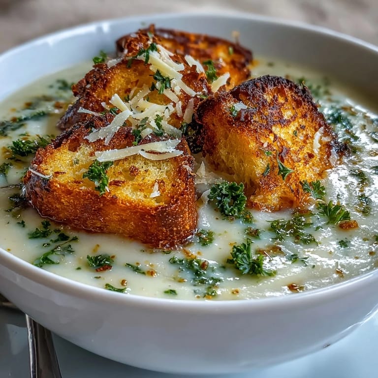 Savory Cauliflower and Broccoli Soup served hot with crunchy croutons on top.