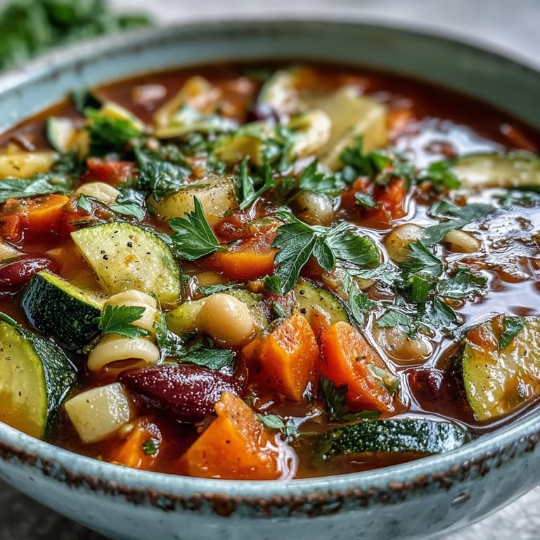 Steaming ladle of homemade Minestrone Vegetable Soup revealing tender beans and small pasta, capturing the comforting essence of Italian home cooking.
