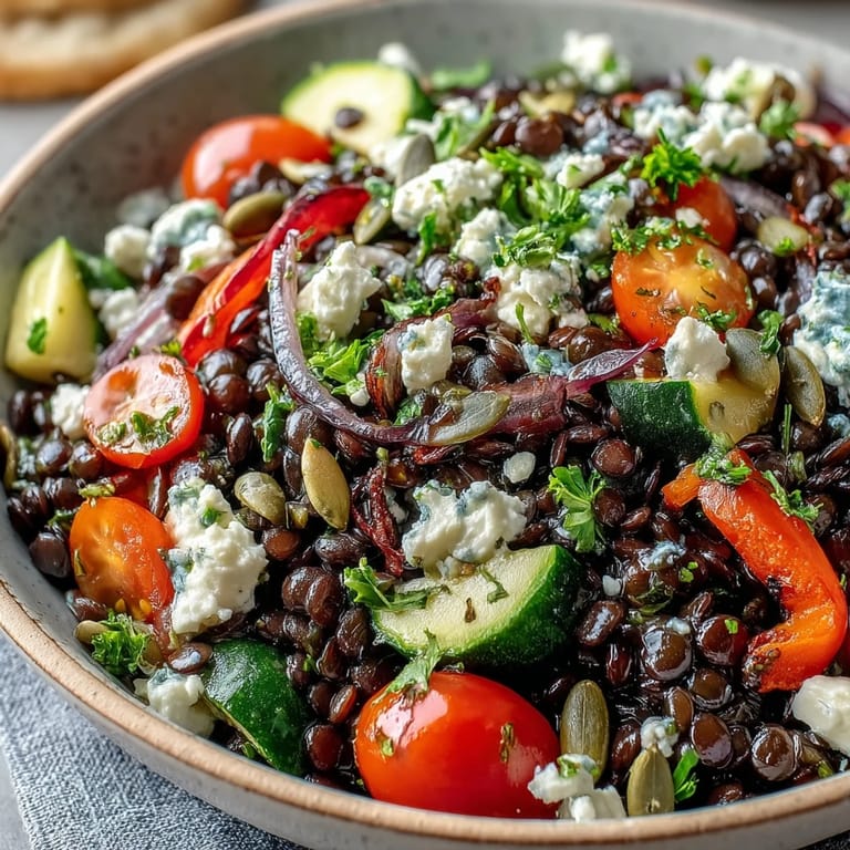Schüssel mit schwarzem Linsensalat, geröstetem Gemüse, Feta und Kürbiskernen auf rustikalem Holztisch.