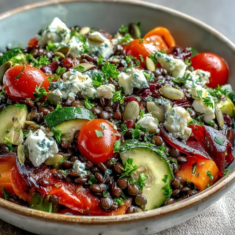 Nahrhafter Beluga-Linsensalat mit Karotten, Paprika und Zucchini, belegt mit frischer Petersilie.