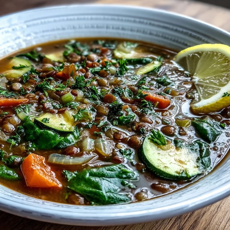 Rustic Lentil Soup featuring zucchini and kale, garnished with fresh parsley.
