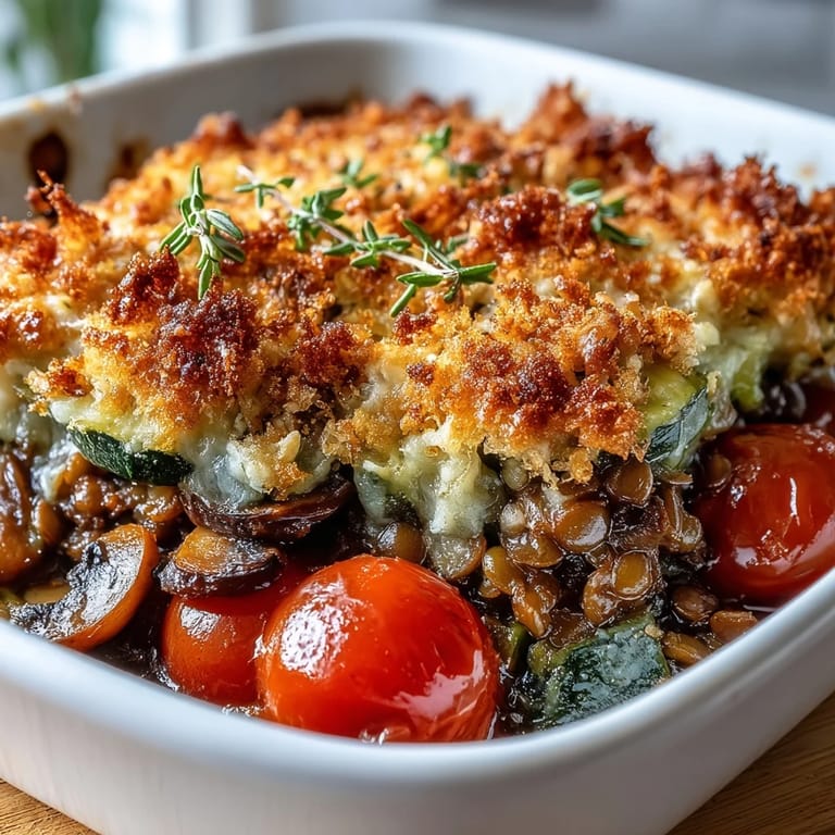 Golden-crusted Green Lentil and Vegetable Casserole featuring tender carrots and zucchini, ready to serve with a green salad.
