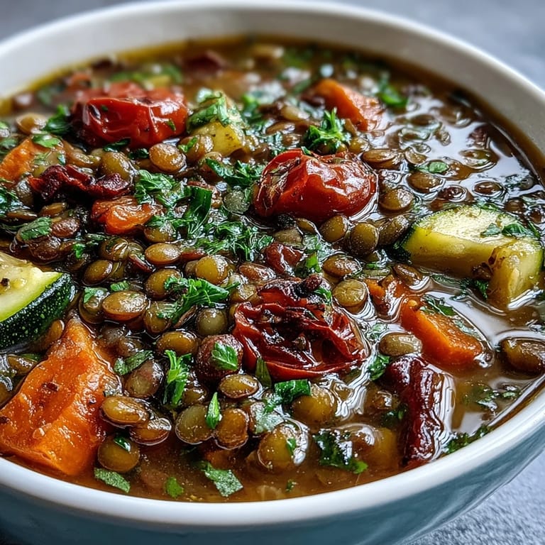 A cozy bowl of Lentil and Vegetable Soup topped with parsley beside crusty bread.