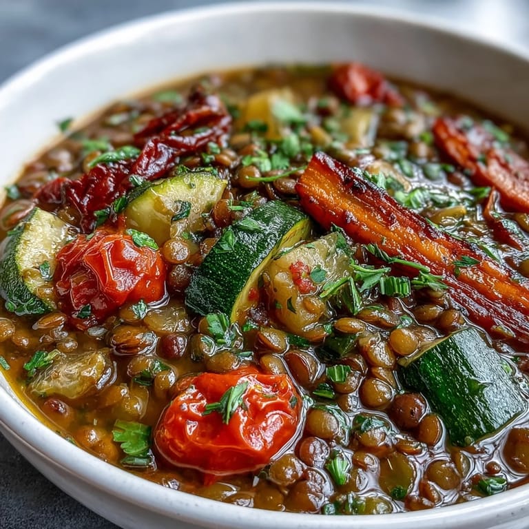 Roasted vegetables and tender lentils in a savory Lentil and Vegetable Soup, ready to serve.