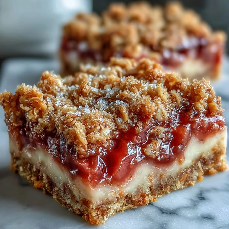 Frosted Rhubarb and Custard Crumble Bars cut into squares, revealing tangy rhubarb and creamy vanilla layers.