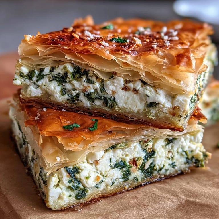 Savory feta cheese and tender kale filling peek through golden, flaky layers of a homemade Turkish börek.