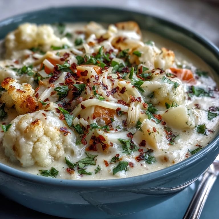 Eine dampfende Schüssel vegetarischer Cauliflower Chowder mit geschmolzenem Käse und frischen Kräutern.