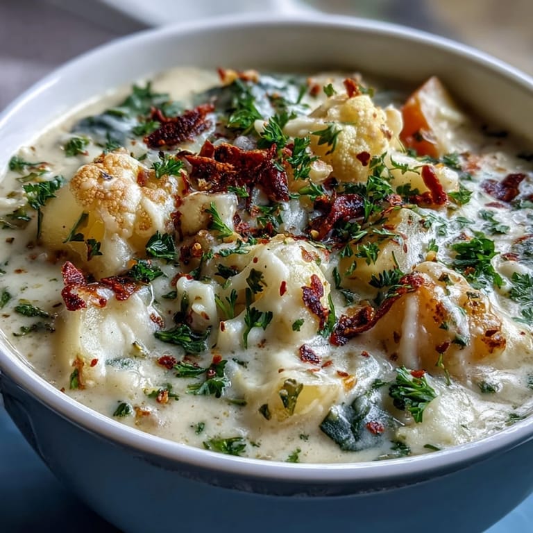 Beilagen-Tipp: Der vegetarische Cauliflower Chowder schmeckt köstlich mit knusprigem Brot und Wein.