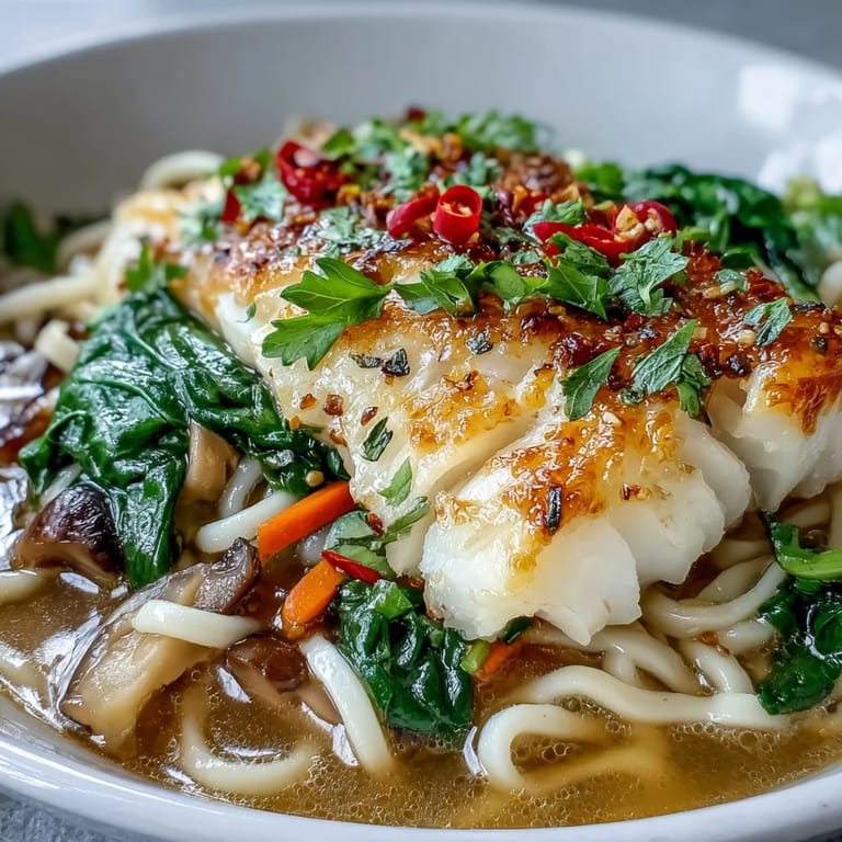 Zartes Kabeljaufilett in scharfer Kokosbrühe mit udon Nudeln und bunten Gemüsestreifen, serviert in einer dampfenden Schale als nahrhaftes Fusion-Gericht.