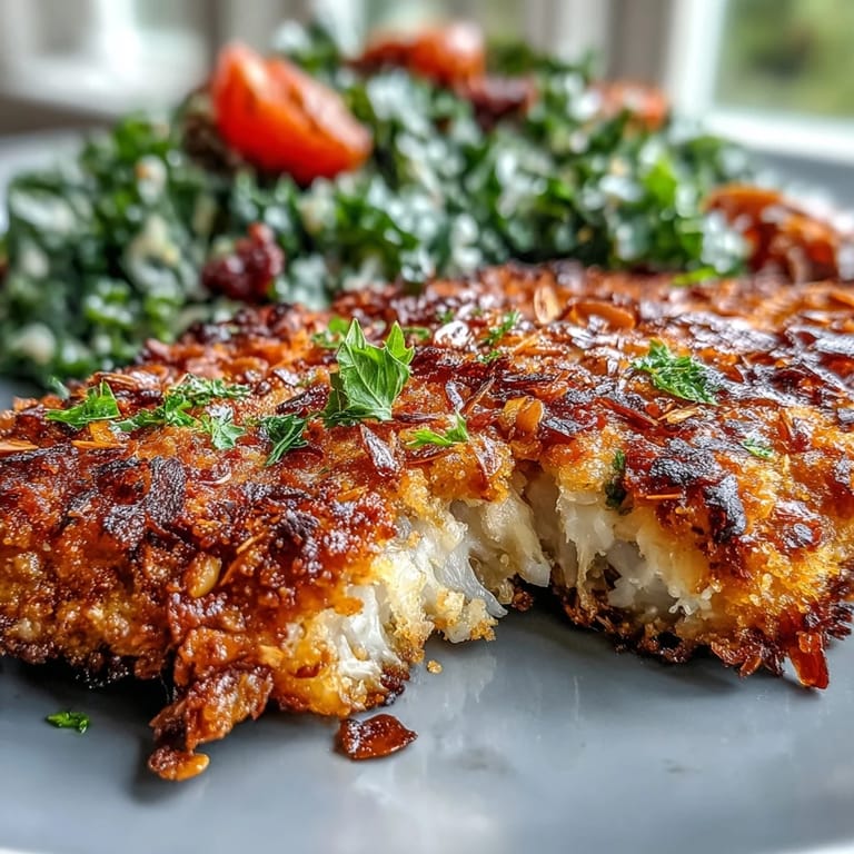 Hearty almond-crusted chicken paired with marinated kale, red onion, and tangy sumac for a wholesome weeknight dinner.