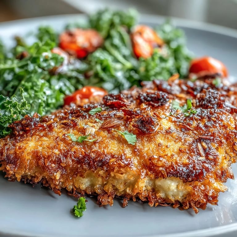Juicy baked almond chicken over fresh kale and sumac salad, finished with toasted almonds and bright lemon dressing.