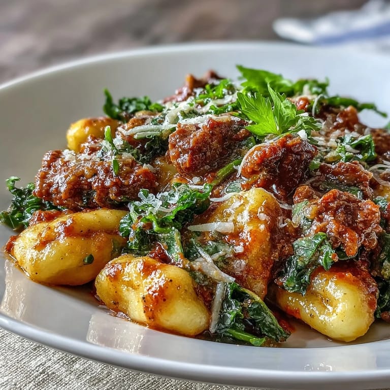Close-up der Sausage Gnocchi mit Kale im Topf, cremige Tomatensauce und Parmesansplitter verstreut, ein tröstliches Mahl für jeden Tag.
