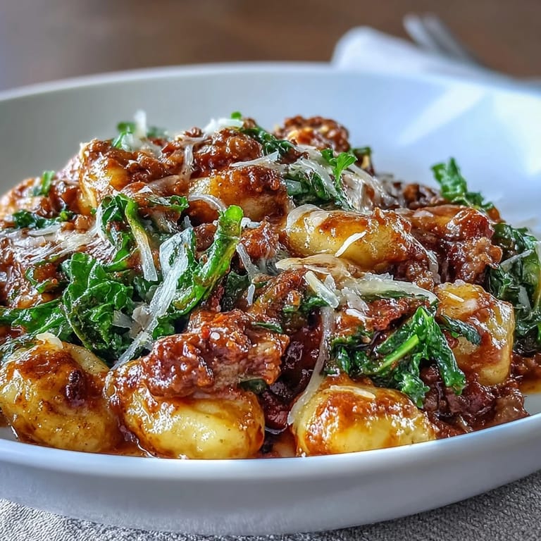 Ungarnahe Käsesauce aus gewürzter italienischer Wurst mit sautiertem Grünkohl auf zerdrückter Gnocchi, dampfend und wohlschmeckend serviert.