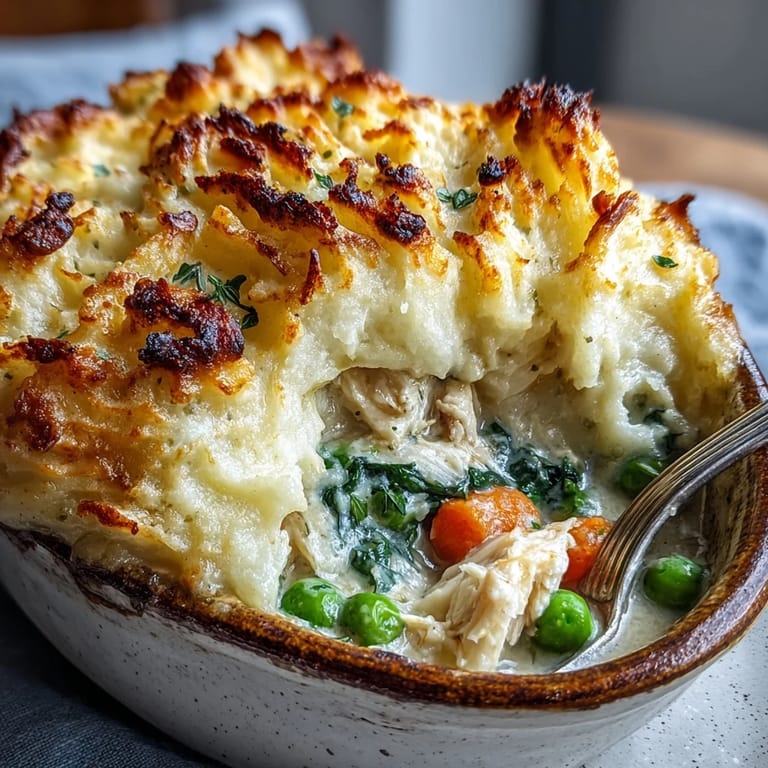 Sattes Curried Fish Pie, frisch aus dem Backofen mit goldbrauner, aufgerauter Kartoffelpüree-Oberfläche und cremiger Fisch-Füllung für den Familien-Abend.