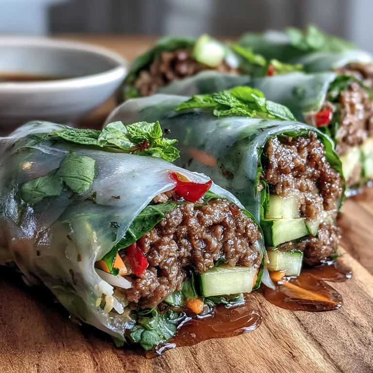 Fresh Thai Basil Beef Rolls on a platter with rice noodles and lime, ideal for a light lunch or appetizer.