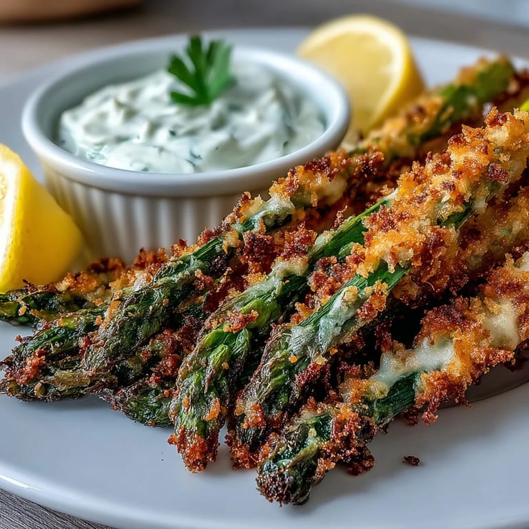 Gebackene Asparagus-Speere mit würziger Asiago-Käse-Kruste und geräuchertem Paprika, serviert heiß mit Dip.