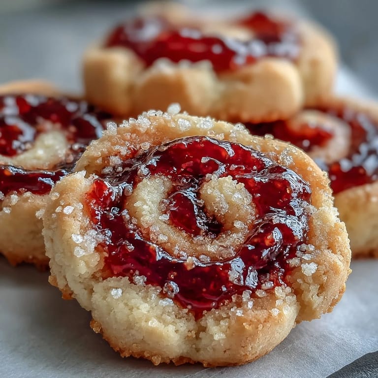 Delikate Raspberry Swirl Shortbread Cookies, gebacken auf Pergament, mit goldbraunen Rändern und sanft geformtem Marmeladen-Swirl.