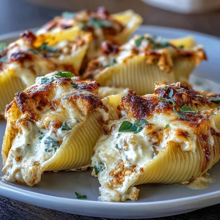 Crackly sage garnish crowns rich Pumpkin & Gouda Stuffed Shells in a casserole dish.