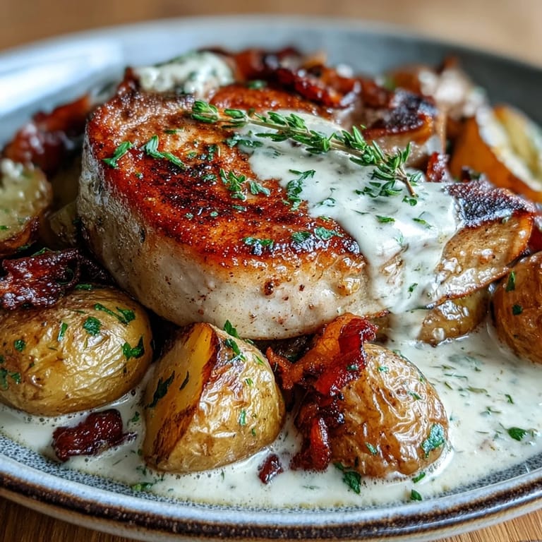 Golden Crockpot Ranch Pork Chops in a velvety ranch sauce, paired with buttery potatoes and carrots.