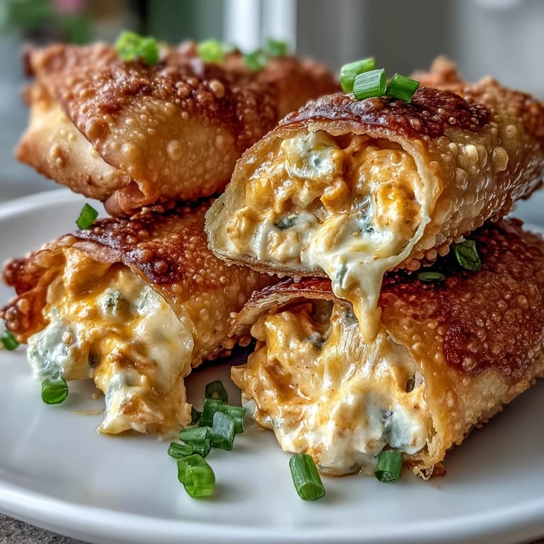 Golden fried Buffalo Chicken Dip Egg Rolls served hot with melty cheddar and zesty green onions.