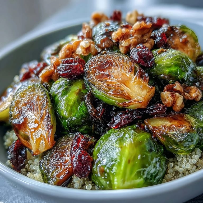A close-up of a vibrant roasted Brussels sprouts bowl, featuring golden-brown sprouts, red onion slices, and a glistening balsamic glaze.  