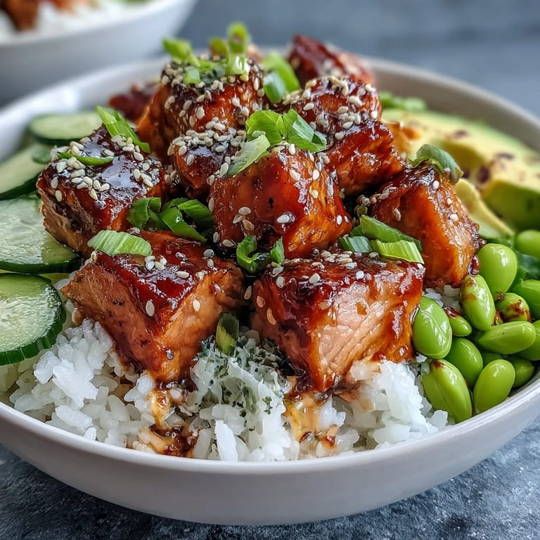 Frisch zubereitete Salmon Rice Bowl mit knusprigem Gemüse und cremiger Avocado, perfekt zum Servieren.