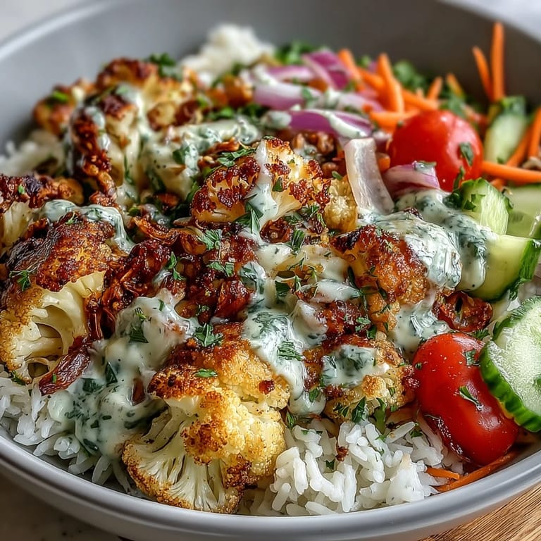 Farbenprächtige Roasted Cauliflower Bowl mit knusprigem Blumenkohl, Blattspinat und knackigem Gemüse plus zitroniger Tahini-Drizzle.