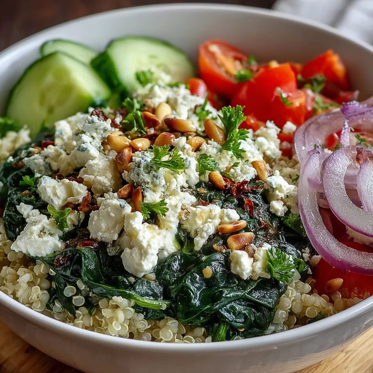 Ein frischer Spinach and Feta Grain Bowl mit buntem Gemüse und zitroniger Vinaigette, perfekt für den Mittagstisch.