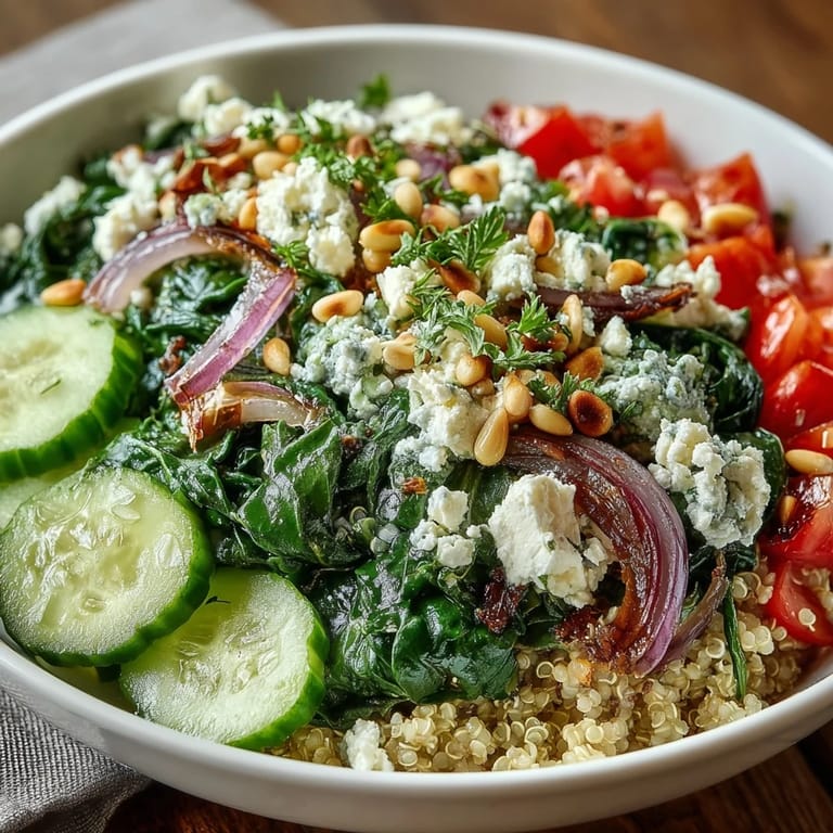 Ein nahrhafter Spinach and Feta Grain Bowl mit knusprigen Pinienkernen und sautiertem Spinat für vegetarische Genussmomente.