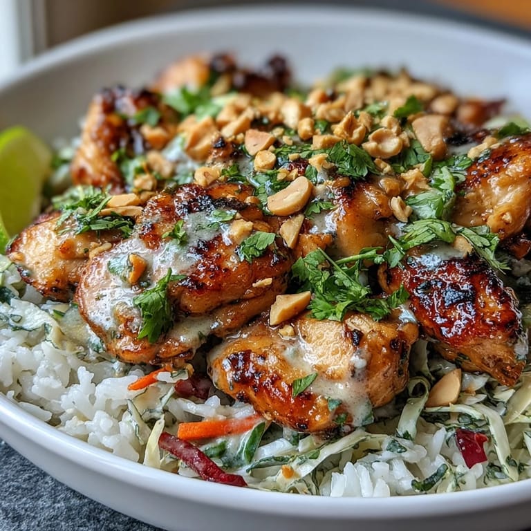 Mittagsmahlzeit aus Hähnchen-Eiweißschüssel mit Erdnusssauce serviert mit frischer Korianderkrone und Limettenspalten für eine fruchtige Note.