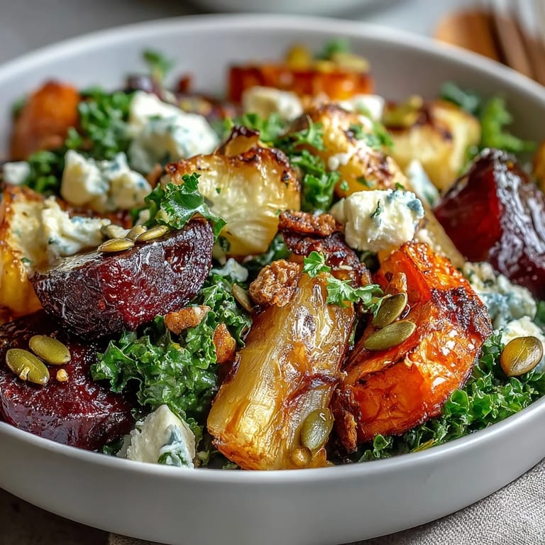 Eine heiße Winter-Wurzelgemüse-Bowl mit karamellisiertem Rote Bete, knusprigen Kürbiskernen und cremigem Feta.
